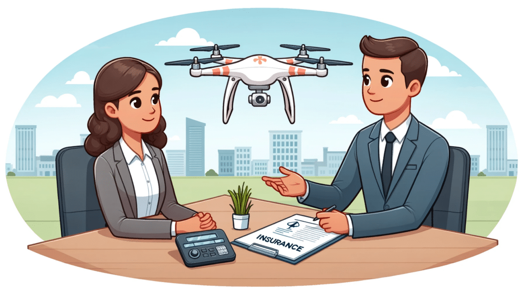 Cartoon style image of a professional meeting between a drone operator and an insurance agent. They are sitting at a table, discussing insurance policy