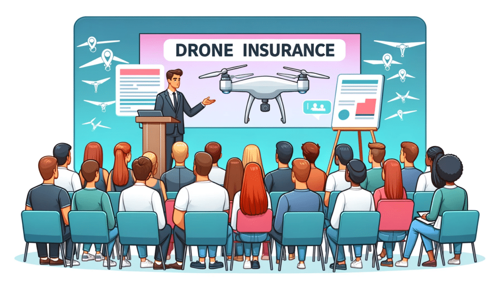 Cartoon style image of a diverse group of people attending a drone insurance seminar. The speaker is presenting on a stage with a large screen showing plans