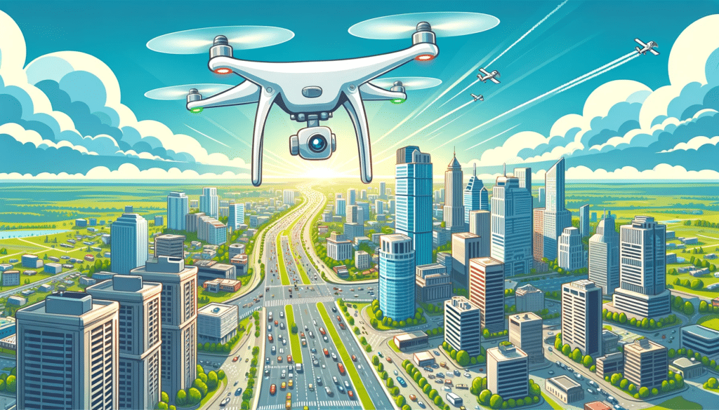 Cartoon style image of a drone flying above an urban area, capturing images for orthomosaic mapping, with skyscrapers and busy streets below