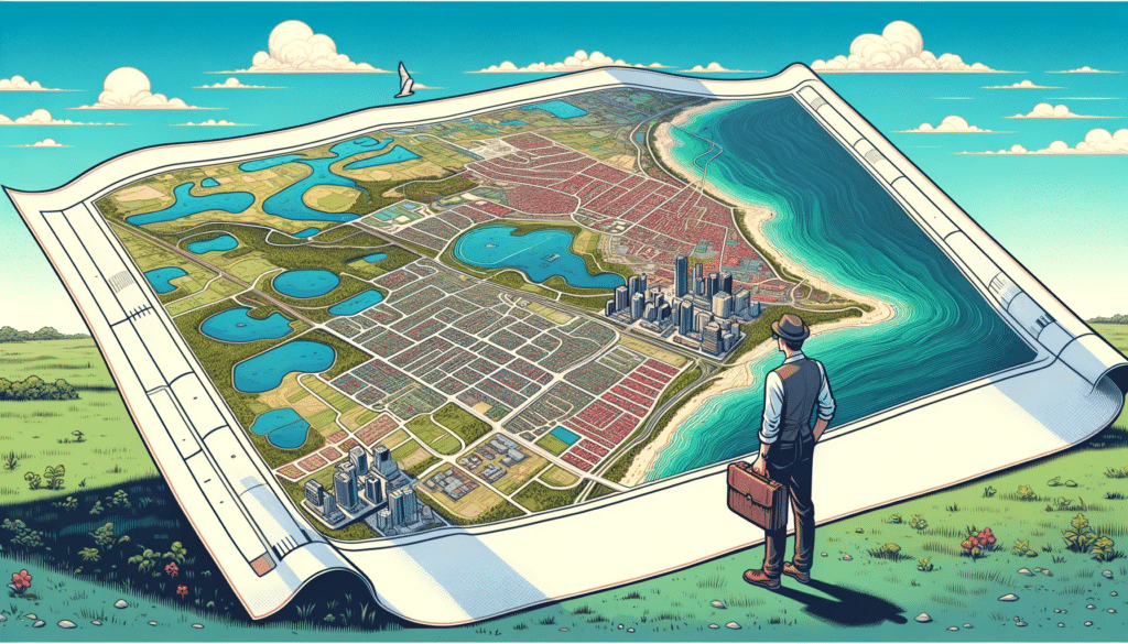 Cartoon style image of a person inspecting a large printed orthomosaic map of a coastal area, showing detailed features like buildings, roads, and natural features