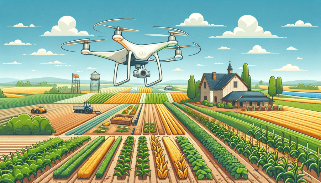 Cartoon style image of a drone flying over an agricultural field, using photogrammetry for crop analysis and management, with a variety of crops