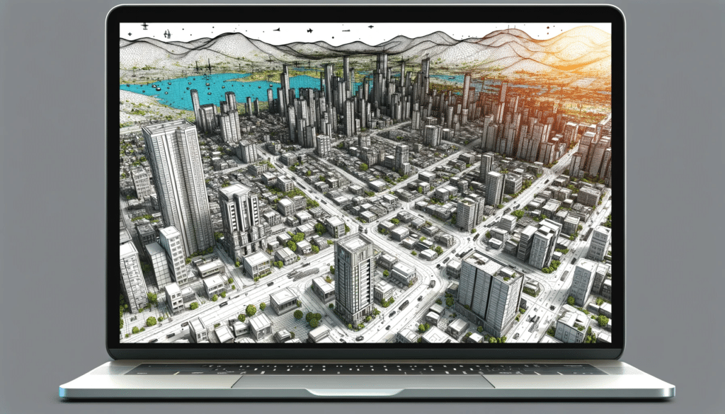Cartoon style image of a detailed point cloud visualization on a computer screen, showing a 3D representation of an urban landscape with various buildings