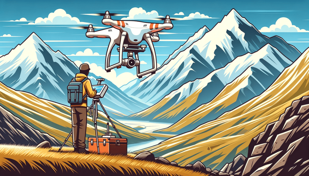Cartoon style image of a drone taking off from a rugged, mountainous terrain, preparing for a photogrammetry survey with a backdrop of snow-capped mountains