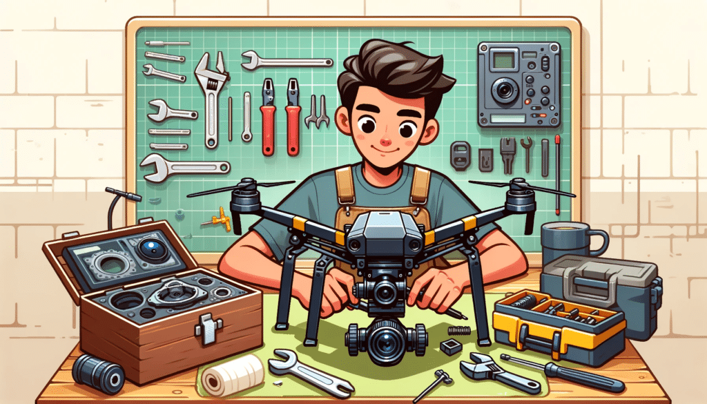 Cartoon style image of a technician calibrating a high-resolution camera on a drone, with tools and spare parts on a workbench, in a workshop setting