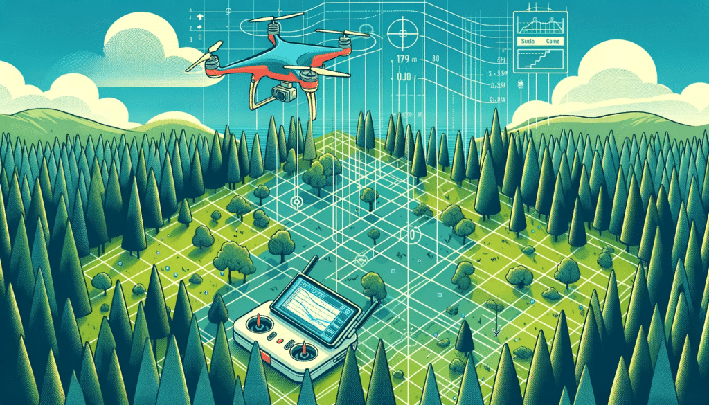 Cartoon style image of a forested area being mapped by a drone, with a visual overlay of grid lines and data points indicating photogrammetry