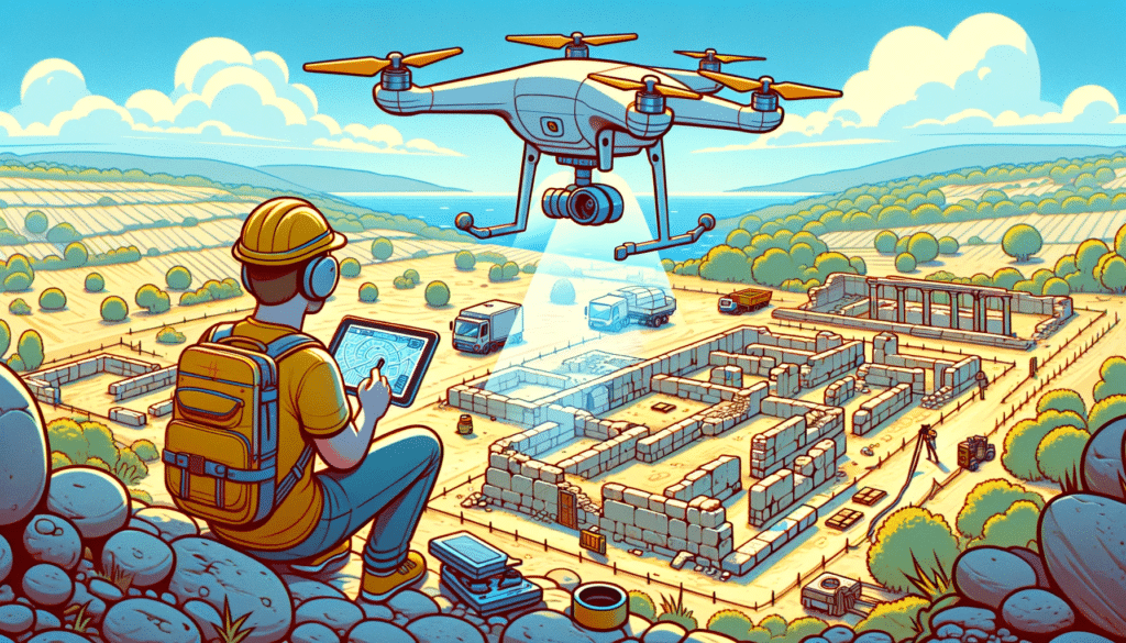 Cartoon style image of an archaeologist using drone photogrammetry to map an ancient ruins site, with the drone capturing images of old structures
