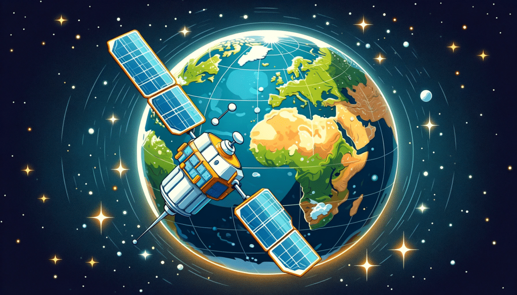 Cartoon style image of a satellite orbiting Earth, depicting the concept of satellite photogrammetry for global mapping and monitoring