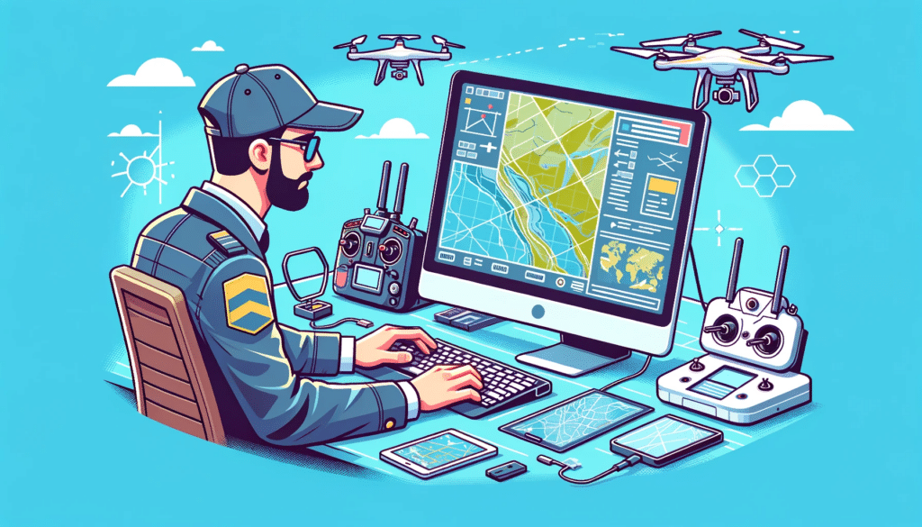 Cartoon style image of a drone pilot in front of a computer, working on a digital map, with drone control equipment and a detailed geographic map display