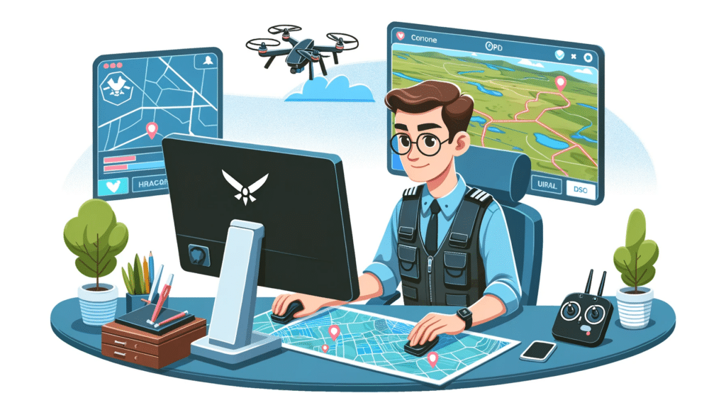 Cartoon style image of a drone pilot engaged in planning a flight path, working on a computer with a map interface, showing terrain and waypoints
