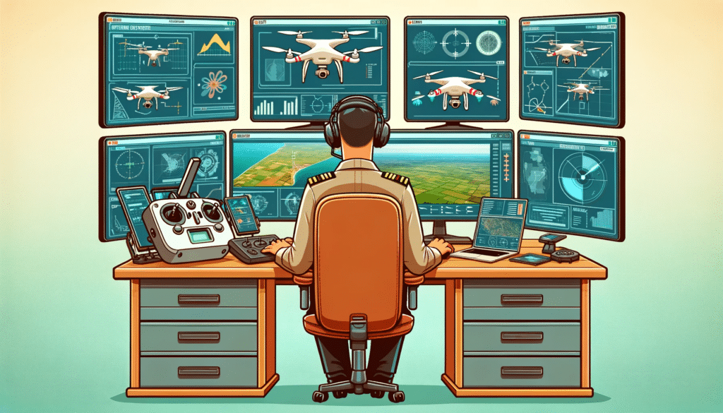 Cartoon style image of a focused drone pilot sitting at a desk with multiple monitors, each displaying various aspects of digital mapping
