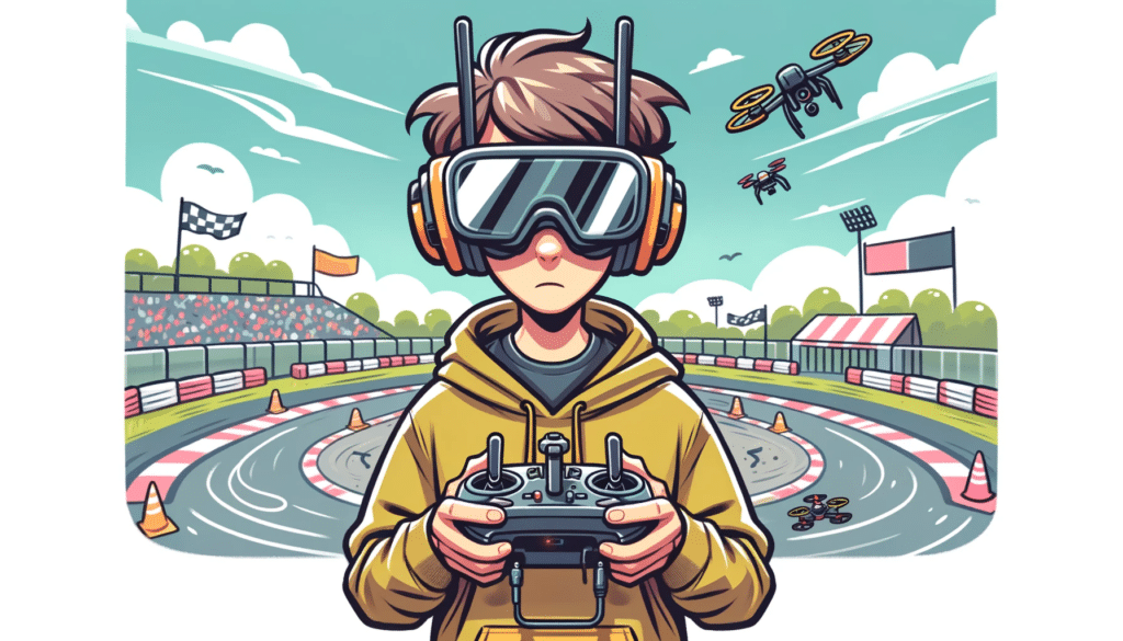 Cartoon style image of a person wearing FPV goggles and holding a drone controller, intensely focused while navigating a drone through a racecourse