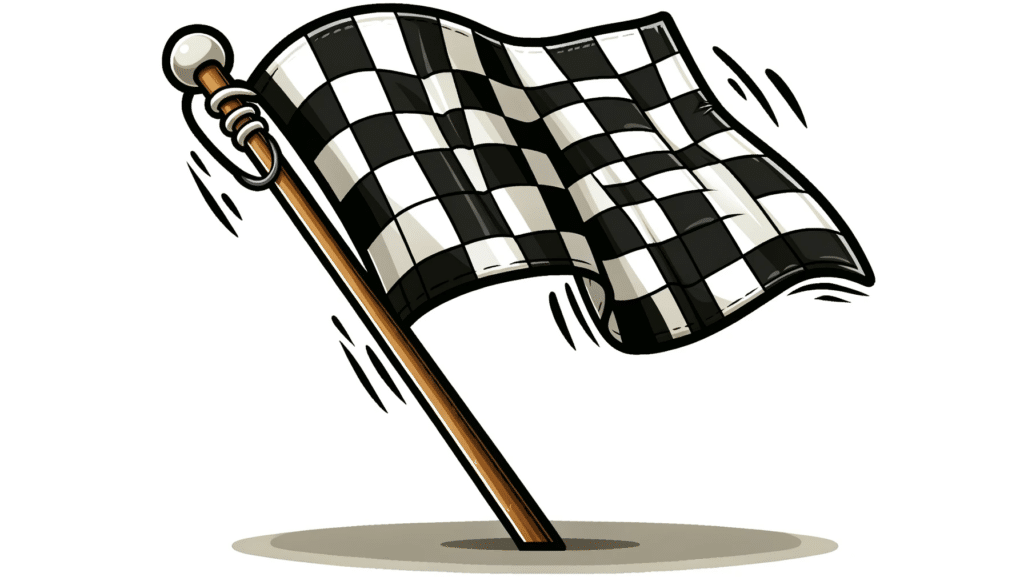 Cartoon style image of a checkered racing flag waving in the air, symbolizing the finish line of a race, with no other objects or background