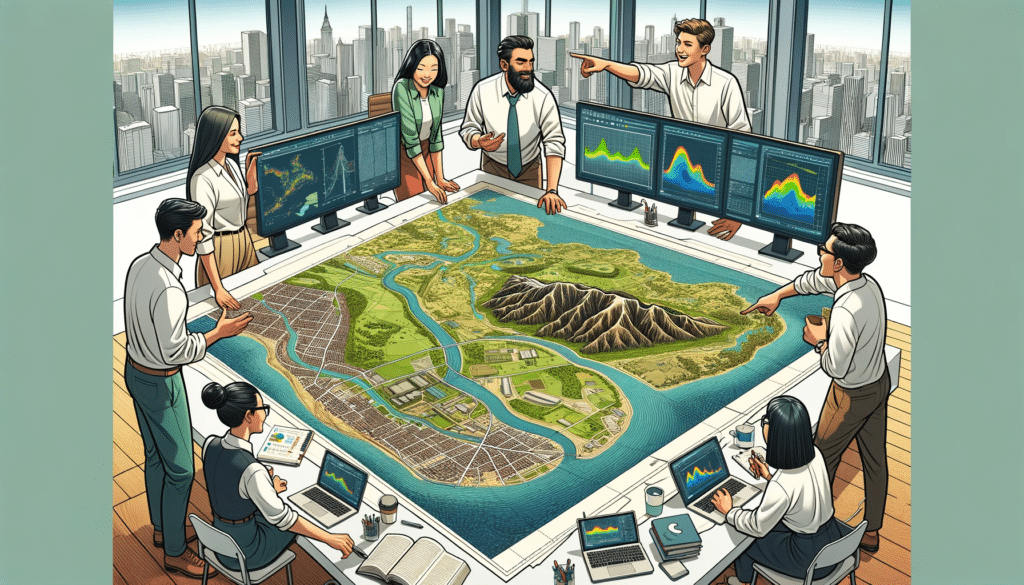 A cartoon-style image depicting a group of scientists and engineers discussing around a large, detailed map on a table. The map is a topographic representation of an area.