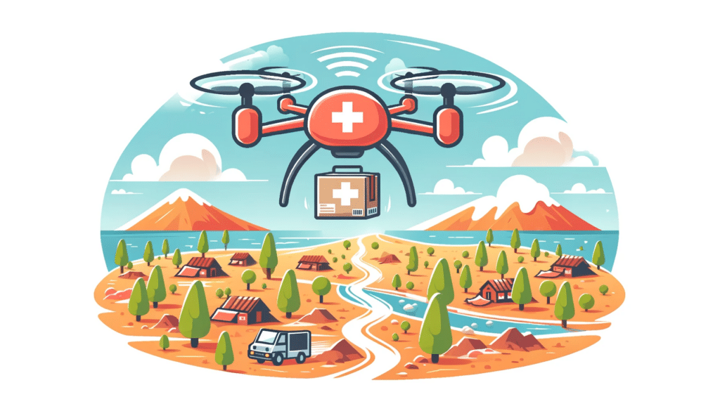 A cartoon style image showing a drone delivering medical supplies to a remote area in a disaster zone.