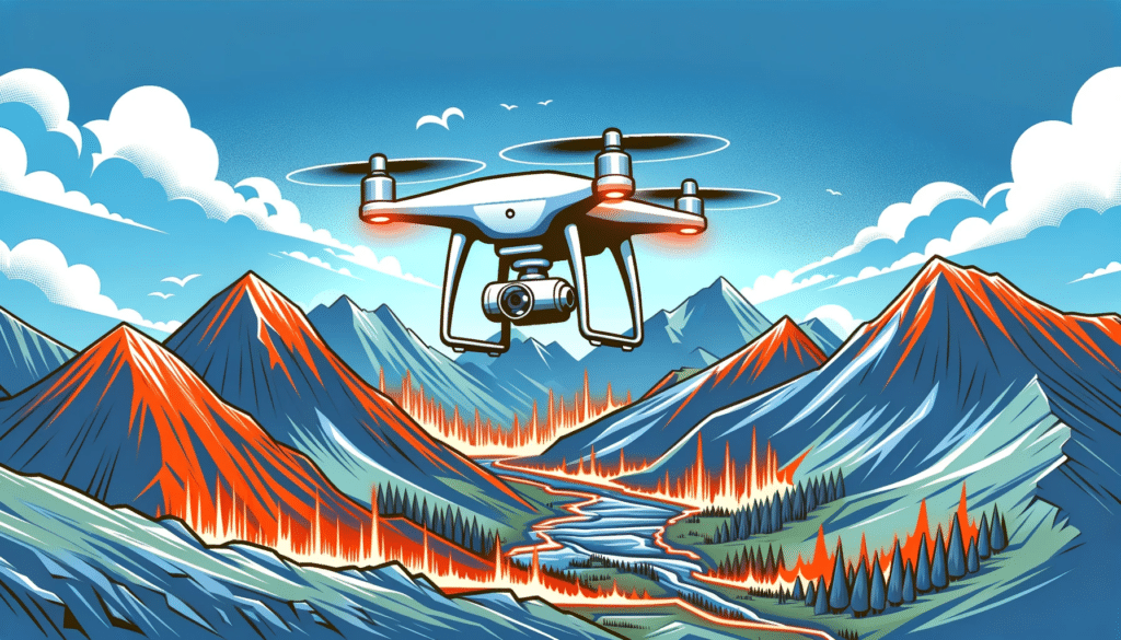 A cartoon style image of a drone equipped with thermal imaging flying over a mountainous area during a search and rescue mission.