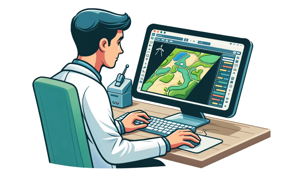 A cartoon-style image of a scientist analyzing LiDAR data on a computer. The scientist is focused on the screen, which displays a 3D map with various types of information