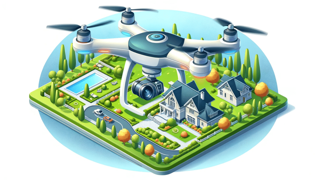 A cartoon style image of a drone equipped with a high-resolution camera flying over a real estate property showcasing aerial photography.