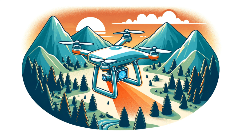 A cartoon style image depicting a drone conducting a search and rescue operation in a mountainous area. The drone is equipped with thermal imaging sensor