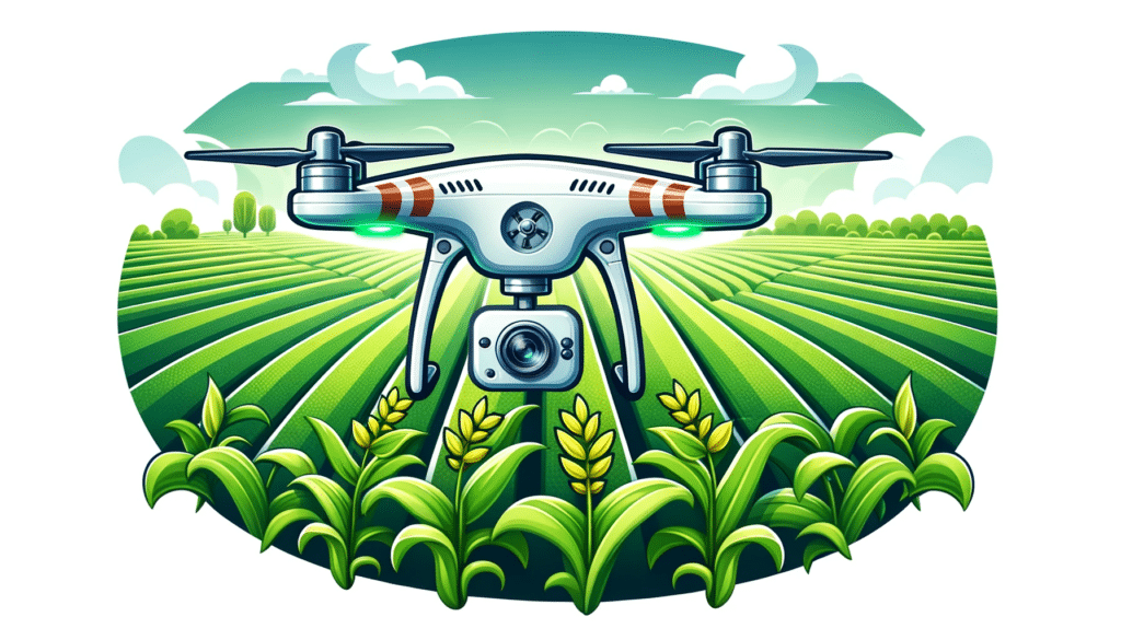 A cartoon style image of a drone equipped with high-resolution cameras flying over a lush green agricultural field, illustrating the use of drones in agriculture