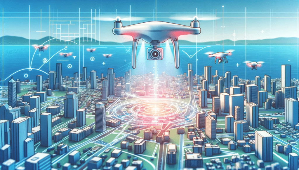 A cartoon style image depicting a futuristic cityscape with drones flying in the sky, representing the integration of drones in urban planning and development