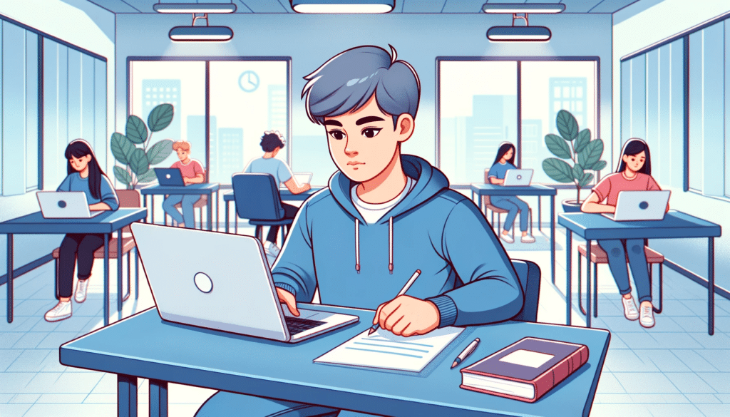 A cartoon style image of a student sitting at a modern study space with a laptop, taking an online test with a focused expression