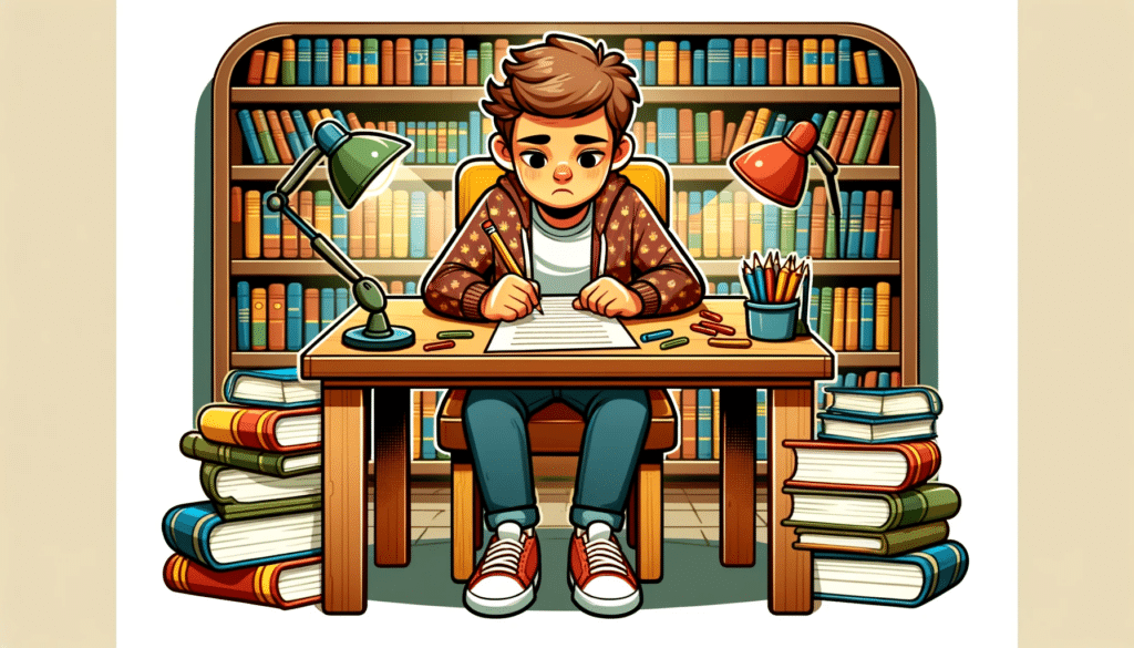 A cartoon style image of a student sitting in a library, surrounded by books, concentrating on a test paper with a pencil in hand