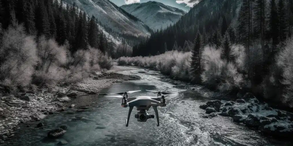 Drone flying over river