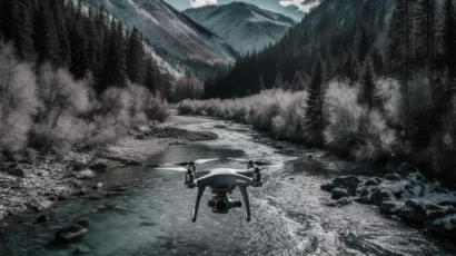 Drone flying over river