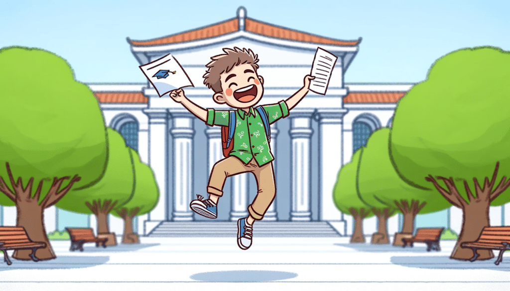 A cartoon style image of a student joyfully jumping with a test paper in hand, celebrating a passing grade in an outdoor campus setting