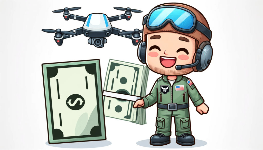 A cartoon style image of a happy drone pilot in a flight suit, looking at a paycheck with a sense of accomplishment, with a drone in the background