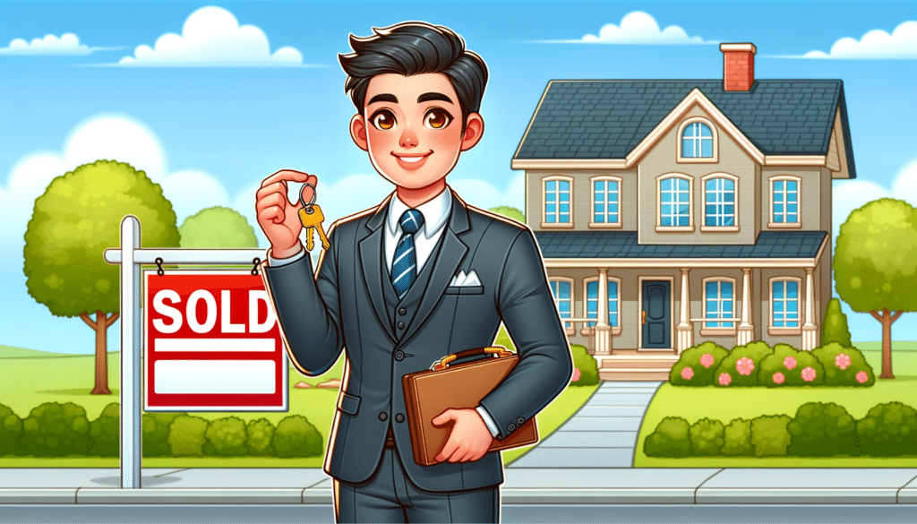 A cartoon style image of a successful real estate agent in a professional suit, standing confidently with sold signboards and keys in hand