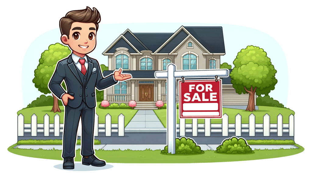 A cartoon style image of a successful real estate agent presenting a luxurious property to potential buyers, with a large 'For Sale' sign in the front