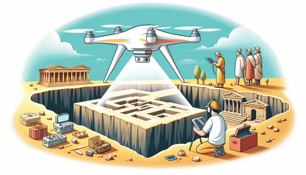 A cartoon style image of a LiDAR drone revealing an underground ancient city structure, with archaeologists observing the site from a distance