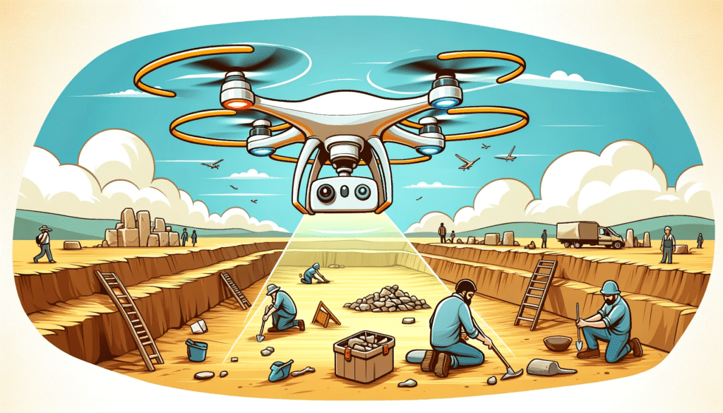 A cartoon style image of a LiDAR-equipped drone hovering over an archaeological dig site, with archaeologists working below and uncovering artifacts
