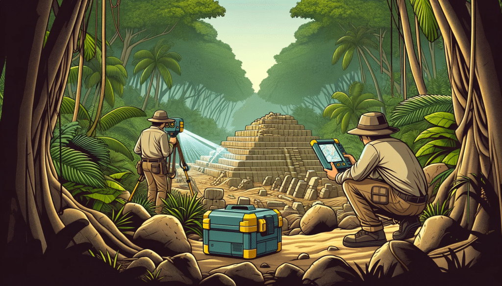 A cartoon style image of archaeologists uncovering ancient ruins in a dense jungle, using handheld LiDAR devices to map and document the site