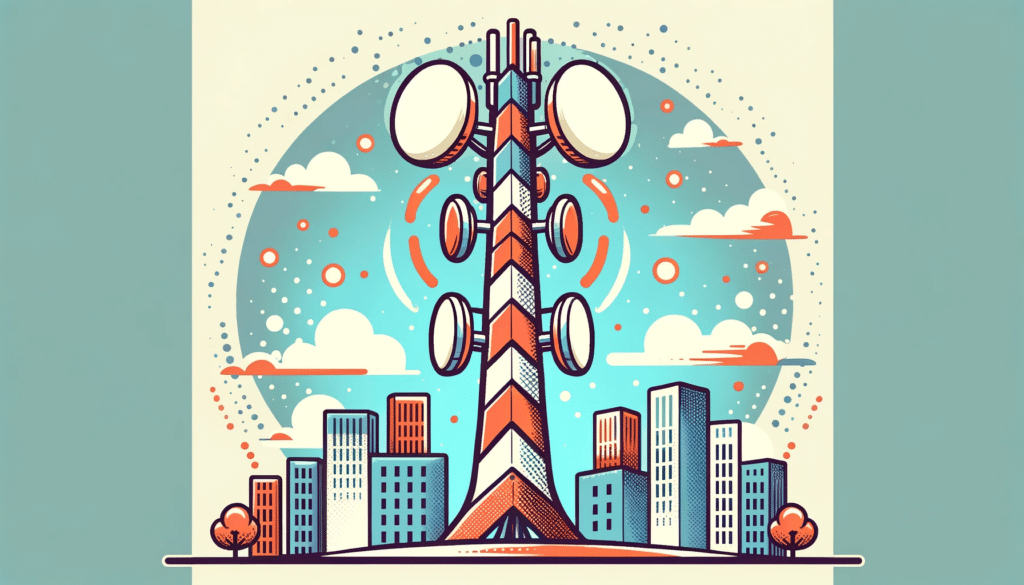 A cartoon style image of a cell tower, depicted in a detailed and colorful style, showing its antennas, cables, and structural elements