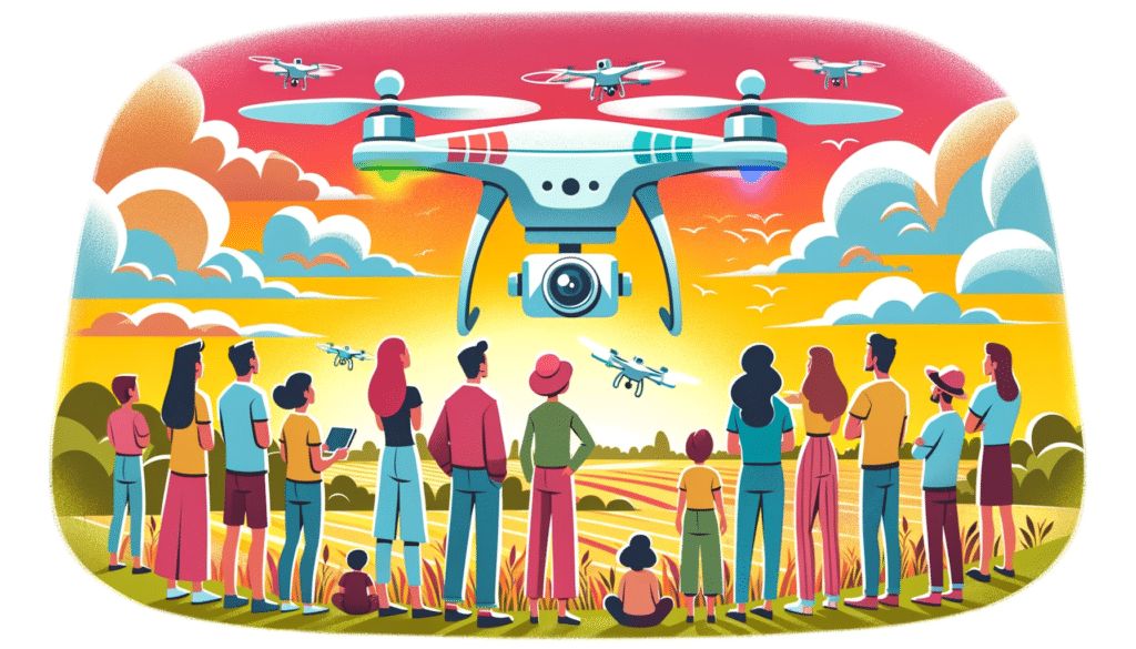 A colorful cartoon-style image showing a diverse group of people in a field, watching a drone flying in the sky. The drone is equipped with various sensors