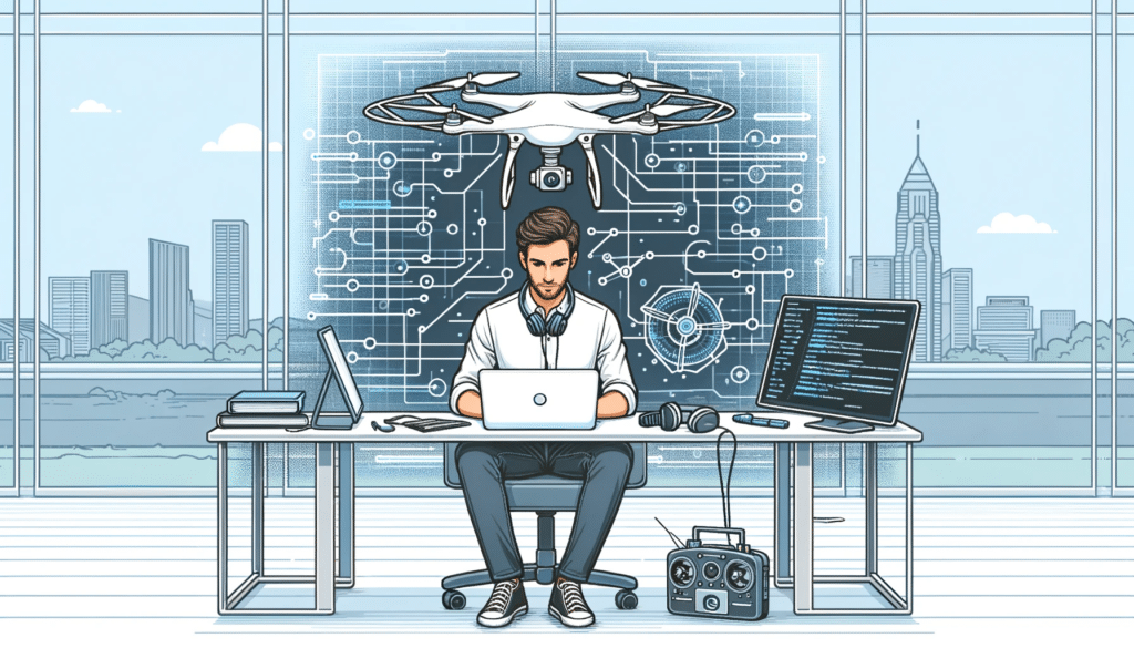 A cartoon-style image depicting a developer programming a drone using a laptop, with lines connecting the laptop to the drone, symbolizing software development kit.
