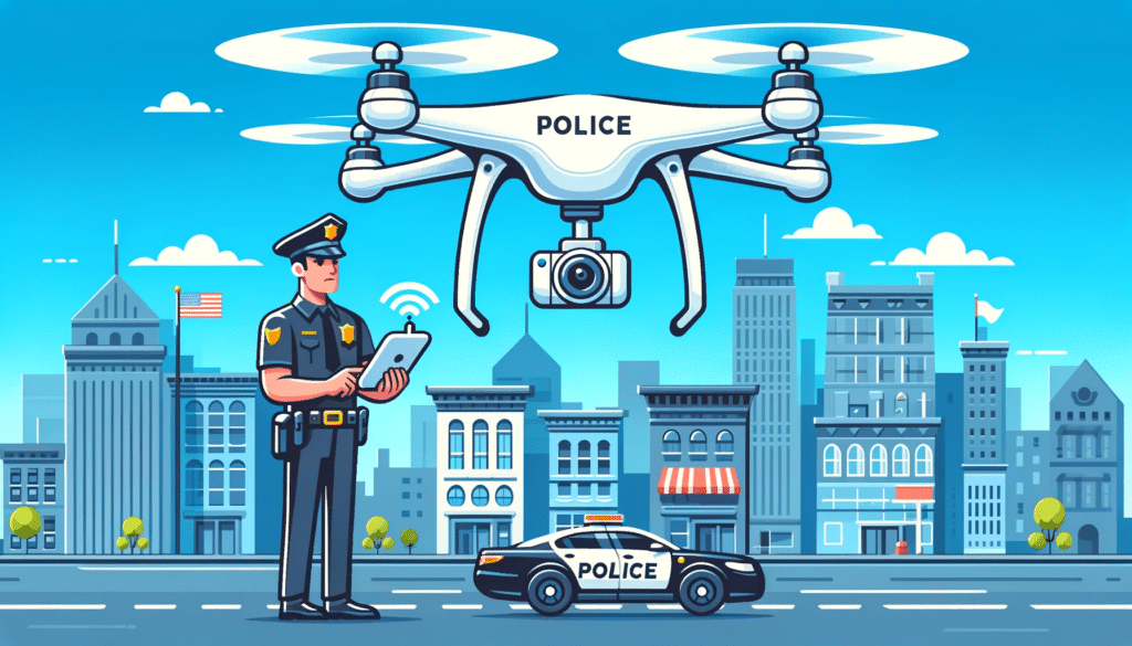Cartoon style image depicting a drone being used by police for surveillance in an urban setting, with city buildings in the background and a police officer