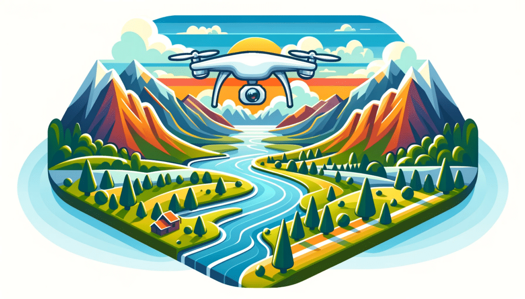 Cartoon style image of a drone flying over a scenic landscape, capturing stunning aerial photography, with mountains and a river in the background