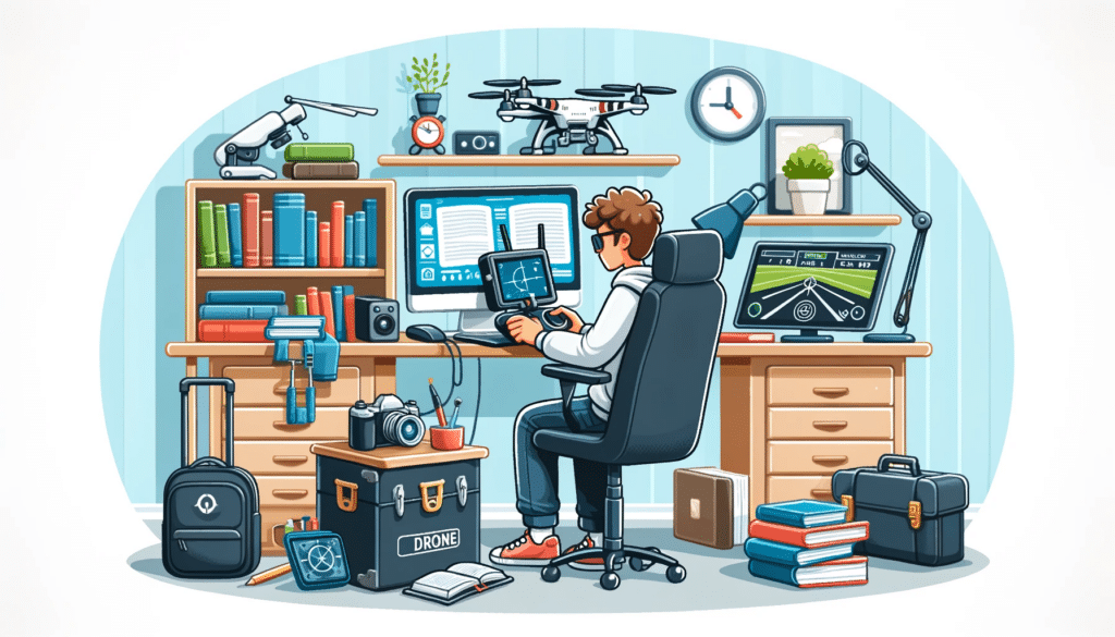 Cartoon style image of a person studying for a drone certification, sitting at a desk with drone equipment, books, and a computer displaying a drone