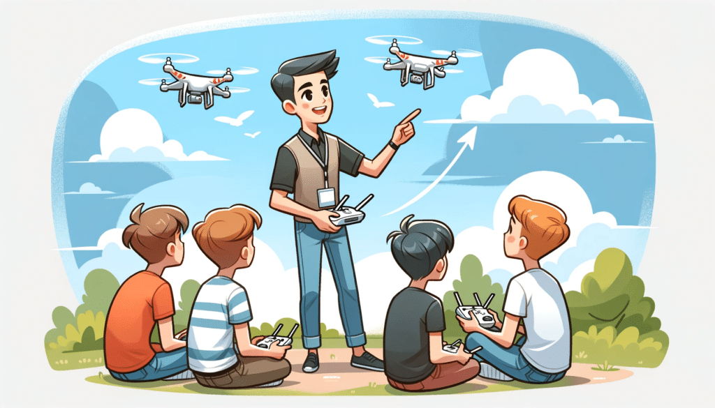 Cartoon style image of a drone flight instructor teaching a group of students outdoors. The instructor is pointing to a drone in the sky, and the students are learning