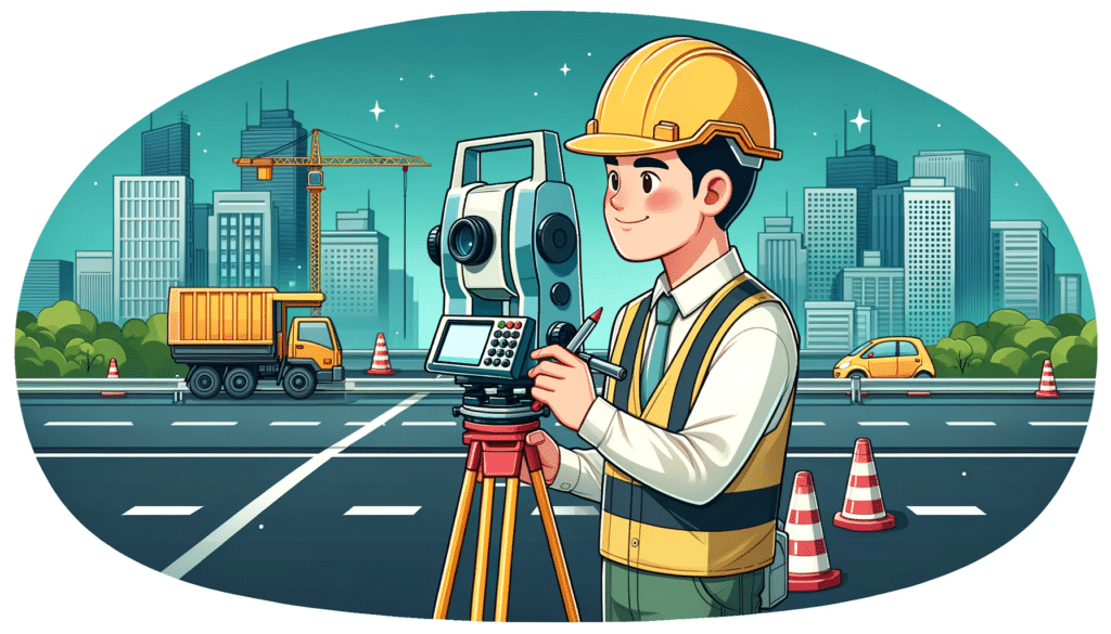 Cartoon style image of surveyors using a total station to survey a road, with modern cityscape in the background, depicting a scene of road construction