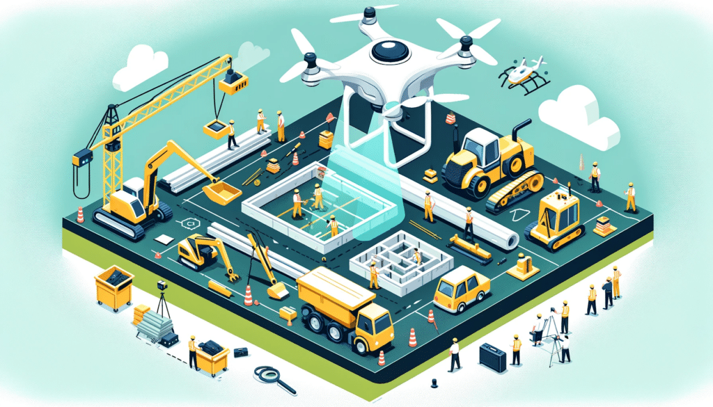 A cartoon style image showing a construction site with various machinery and workers. Above the site, a drone equipped with LiDAR technology is capturing a construction site