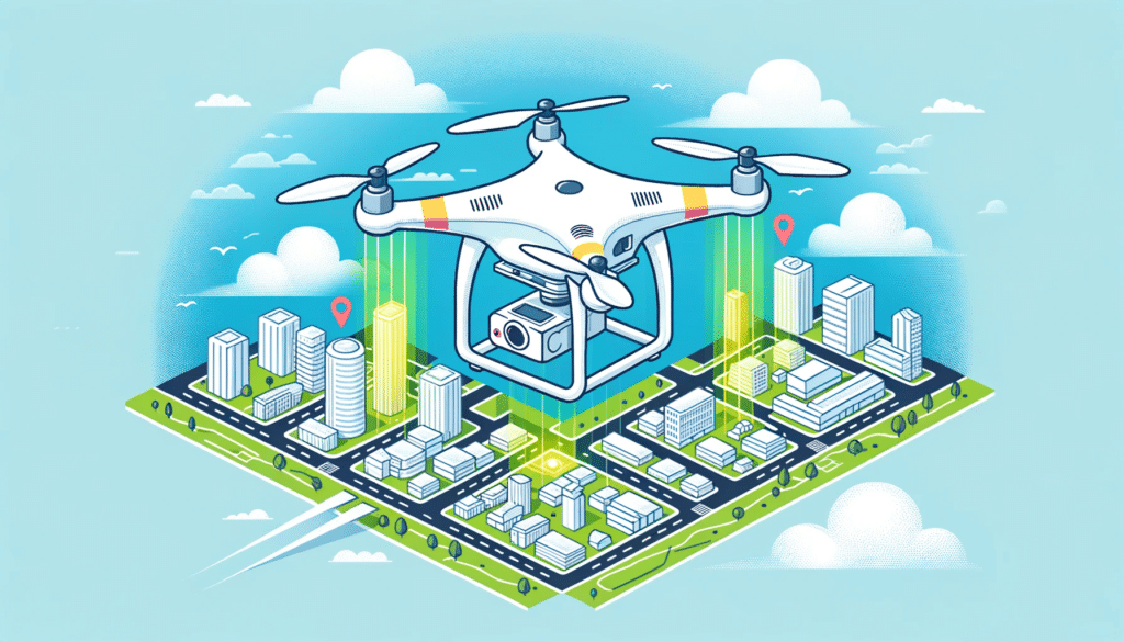 A cartoon style image of a multirotor drone with a LiDAR system flying over an urban landscape, illustrating its use in urban planning.