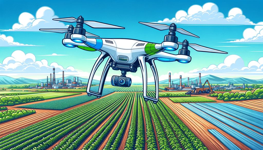 A cartoon style image of a hybrid drone, combining fixed-wing and rotor capabilities, equipped with LiDAR technology flying over agricultural land.