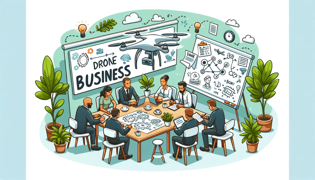 A cartoon style image depicting a brainstorming session with a group of people around a table, with drone business ideas sketched out on paper