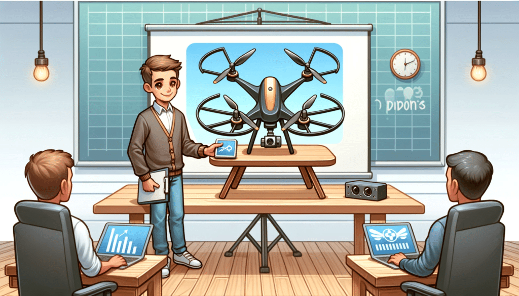 A cartoon style image of a person showcasing a new drone model to potential investors in a meeting room.