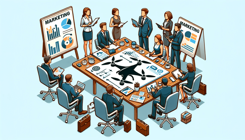 A cartoon style image of a business meeting where people are discussing marketing strategies, symbolizing strategic planning in a drone business.