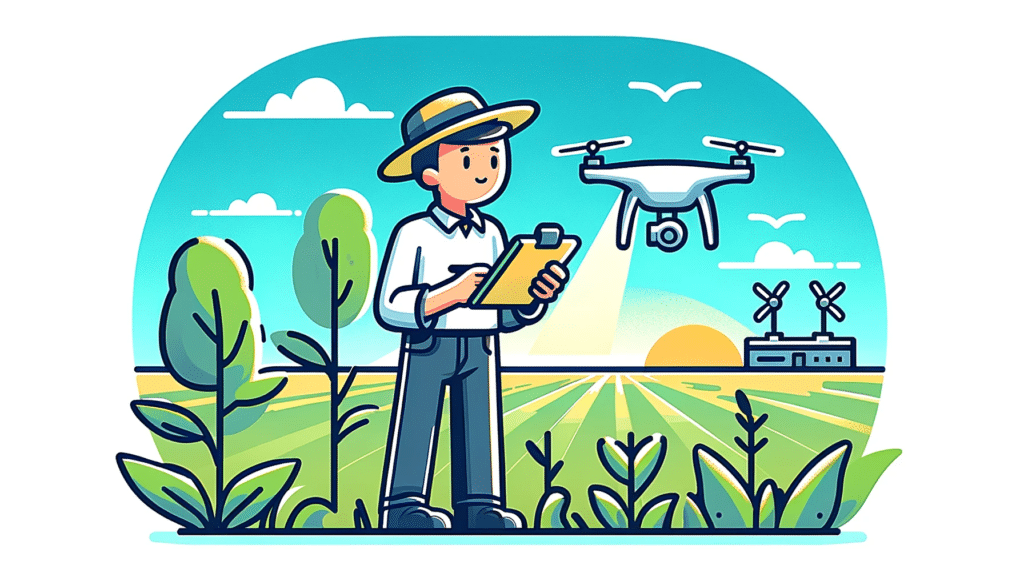 A cartoon style image depicting a person conducting field research for a drone business, holding a clipboard and observing the environment.